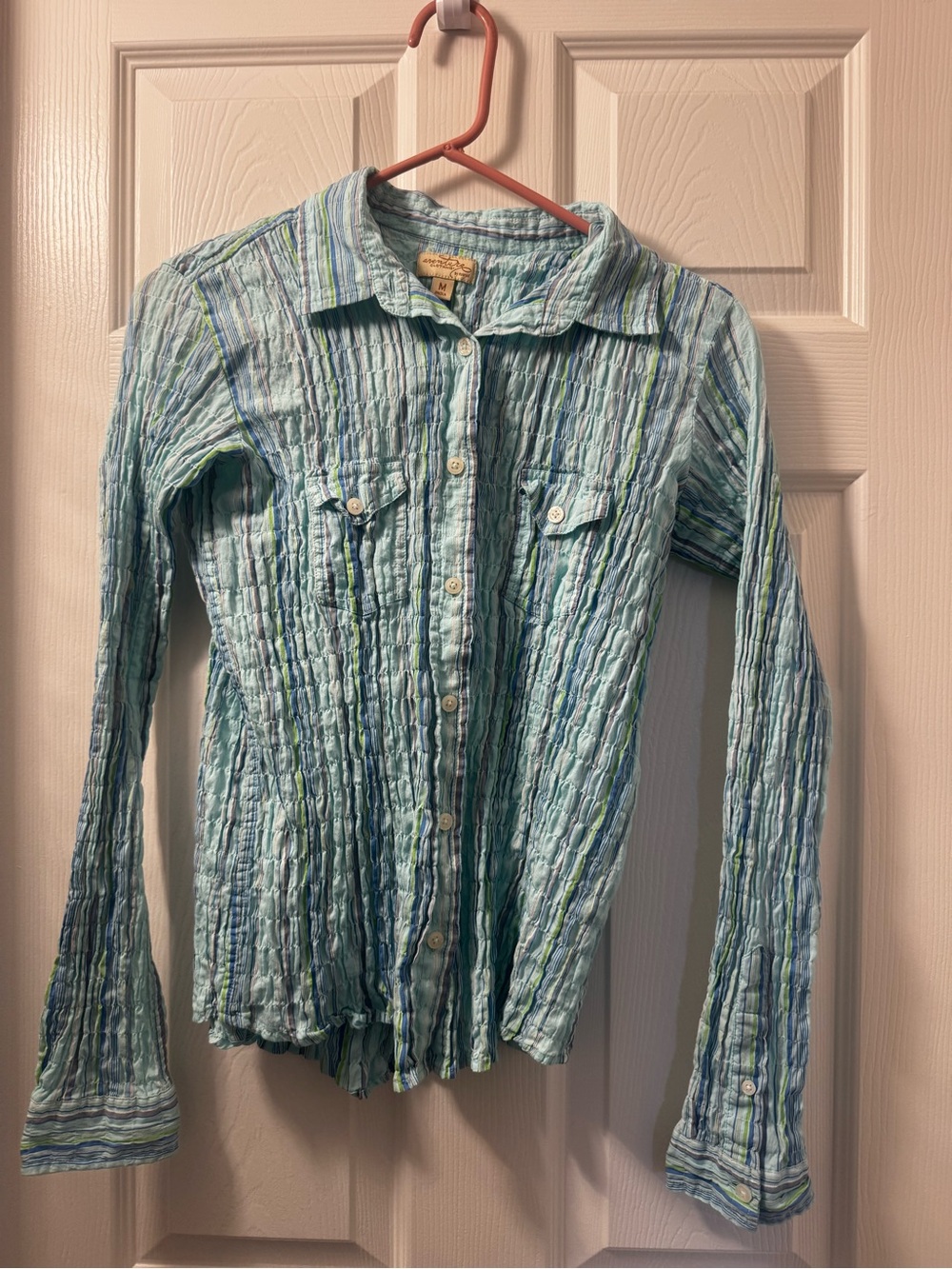 Crinkled Button-Up Shirt in Aqua Blue & Green Stripes